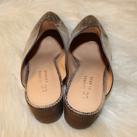 LC Tan Faux Leather Anima Snake Print Pointed Toe Chunky Block Heel Mules Shoes - Picture 9 of 12